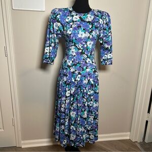 Vintage 80s Blue Floral Midi Dress | Romantic Cottagecore Secretary Dress XS